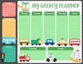 Vector transportation weekly planner with week days, to do list, goals. Cute transport calendar or timetable for kids. Road trip