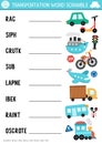 Vector transportation word scramble activity page. English language game with car, ship, train, bike, plane, bus for kids.