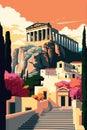 Vector travel Athens Greek poster set. Banners with columns, antique buildings, temples