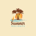 Summer travel banner with sun, palms and surfer Royalty Free Stock Photo