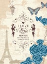 Banner with the Eiffel tower, roses and butterfly