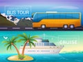 Vector travel banners set. Bus tour to Alps mountains, ocean sea Royalty Free Stock Photo