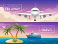 Vector travel banners set. Passenger airplane in the clouds., cruise liner Royalty Free Stock Photo