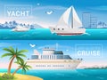 Vector travel banners set. Yacht in the bay of tropical island, ocean sea cruise liner in the islands. Royalty Free Stock Photo