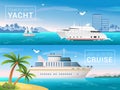 Vector travel banners set. Yacht in the bay of tropical island, ocean sea cruise liner in the islands. Royalty Free Stock Photo