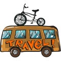 Vector travel bus pop art cartoon icon illustration Royalty Free Stock Photo