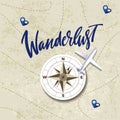 Vector Travel Concept with Map, Compass and Airplane. Vintage Illustration with Hand Drawn Lettering. Wanderlust Banner Royalty Free Stock Photo
