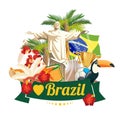 Vector travel poster of Brazil. Colorful poster with brazilian symbols