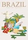 Vector travel poster of Brazil. Rio de Janeiro advertising card with statue of Jesus.