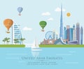 Vector travel poster of United Arab Emirates with hot air balloon. UAE background with modern buildings and mosque in light style. Royalty Free Stock Photo