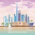 Vector travel poster of United Arab Emirates with mirror effect. UAE background with modern buildings and mosque in light style. Royalty Free Stock Photo