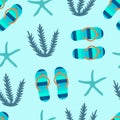 Vector travel seamless pattern Illustration with flip flops, starfish and seaweeds. Royalty Free Stock Photo