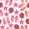 Vector travel seamless pattern Illustration with flip flops, starfish, shell. Summer time, vacation background. Royalty Free Stock Photo