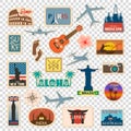 Vector travel sticker and label set with famous countries, cities, monuments, flags and symbols in retro or vintage