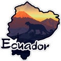 Vector travel sticker with Mountain Lion Puma Cougar in volcanoes mountains - Ecuador, South America