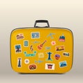 Vector travel stickers, labels with famous countries, cities, monuments and symbols on suitcase in retro vintage style