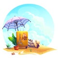 Vector travel suitcase, beach umbrella on the sand Royalty Free Stock Photo