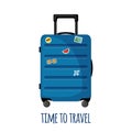 Vector Travel suitcase icon with wheels and stickers in flat style isolated on white Royalty Free Stock Photo