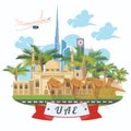 Vector travel template of United Arab Emirates with airplane. UAE flyer with modern buildings and mosque in light style.