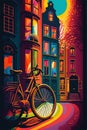 Vector travel urban illustration of houses, street and bike in Amsterdam. Royalty Free Stock Photo