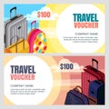 Vector travel voucher template. 3d isometric illustration of luggage bags. Banner, coupon, certificate, flyer layout.