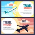 Vector travel voucher template. Flying airplane, day and night flight. Banner, coupon, certificate, flyer, ticket layout Royalty Free Stock Photo