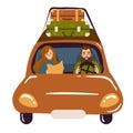 Vector travelers in the car with baggage. Couple car travel