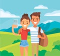 Vector traveller couple stands making selfie in front of panoramic view.