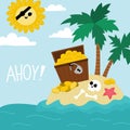 Vector treasure island landscape illustration. Pirate party scene with uninhabited isle, treasure chest, palm trees. Cute summer