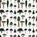 Vector tree sketch hand drawn style types green forest pine treetops collection of birch, cedar and acacia or greenery Royalty Free Stock Photo