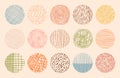 Vector trendy color circle textures made with ink, pencil, brush. Set of hand drawn patterns. Geometric doodle shapes of Royalty Free Stock Photo