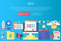 Vector trendy flat gradient color seo optimization concept template banner with icons and text.