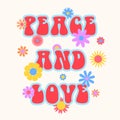 Vector trendy funny abstract retro 60s, 70s hippie groovy illustration Peace and Love with flowers for fashion art print, poster