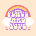 Vector trendy funny abstract retro 60s, 70s hippie groovy illustration Peace and Love with rainbow for fashion art print, poster