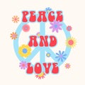 Vector trendy funny abstract retro 60s, 70s hippie groovy illustration Peace and Love with peace sign for fashion art print, Royalty Free Stock Photo