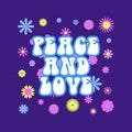 Vector trendy funny abstract retro 60s, 70s hippie groovy illustration Peace and Love with flowers for fashion art print, poster