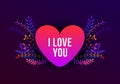 Vector trendy Happy Valentines Day illustration with I Love You concept, plants and flowers. Greeting card with red heart Royalty Free Stock Photo