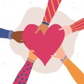 Vector trendy illustration with different hands holding heart. Concept of giving and sharing love to people, volunteering, charity Royalty Free Stock Photo