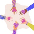 Vector trendy illustration with different hands holding hearts. Concept of giving and sharing love to people, volunteering Royalty Free Stock Photo