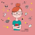 Vector hand drawn trendy illustration with fashion girl holding a book with glases, patches, cute sketch card, linear graphic Royalty Free Stock Photo