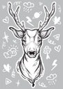 Vector trendy illustration with sketch style deer and doodle signs around. Concept art. Tattoo, astrology, alchemy, magic, travel.