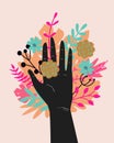 Vector trendy illustration with woman hand isolated with flowers. Cute romantic design for Save the Planet poster Royalty Free Stock Photo
