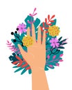 Vector trendy illustration with woman hand isolated with flowers. Cute romantic design for Save the Planet poster Royalty Free Stock Photo
