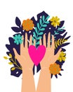 Vector trendy illustration with woman hands isolated with flowers and heart. Cute romantic design for Save the Planet poster, Royalty Free Stock Photo