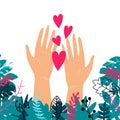 Vector trendy illustration with woman hands isolated with plants and hearts. Cute romantic design for Save the Planet poster, Royalty Free Stock Photo