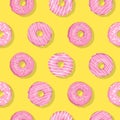 Vector seamless pattern with pink glaze donuts, sugar icing on yellow background.