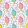 Vector trendy seamless pattern with bitten ice cream and geometric memphis elements