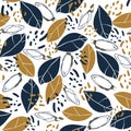 Vector trendy seamless pattern with botanical elements. Magnolia buds and leaves in deep blue and mustard colors.