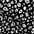 Vector Trendy silver leopard spots abstract seamless pattern. Wild animal cheetah skin chrome metallic texture on black for