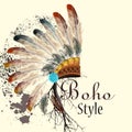 Vector tribal design in boho style. Headdress with feathers Royalty Free Stock Photo